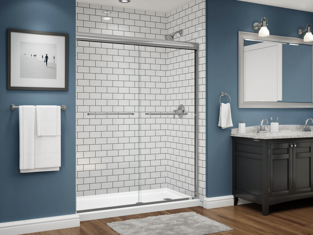 Blue Walls with a Brick Shower Look