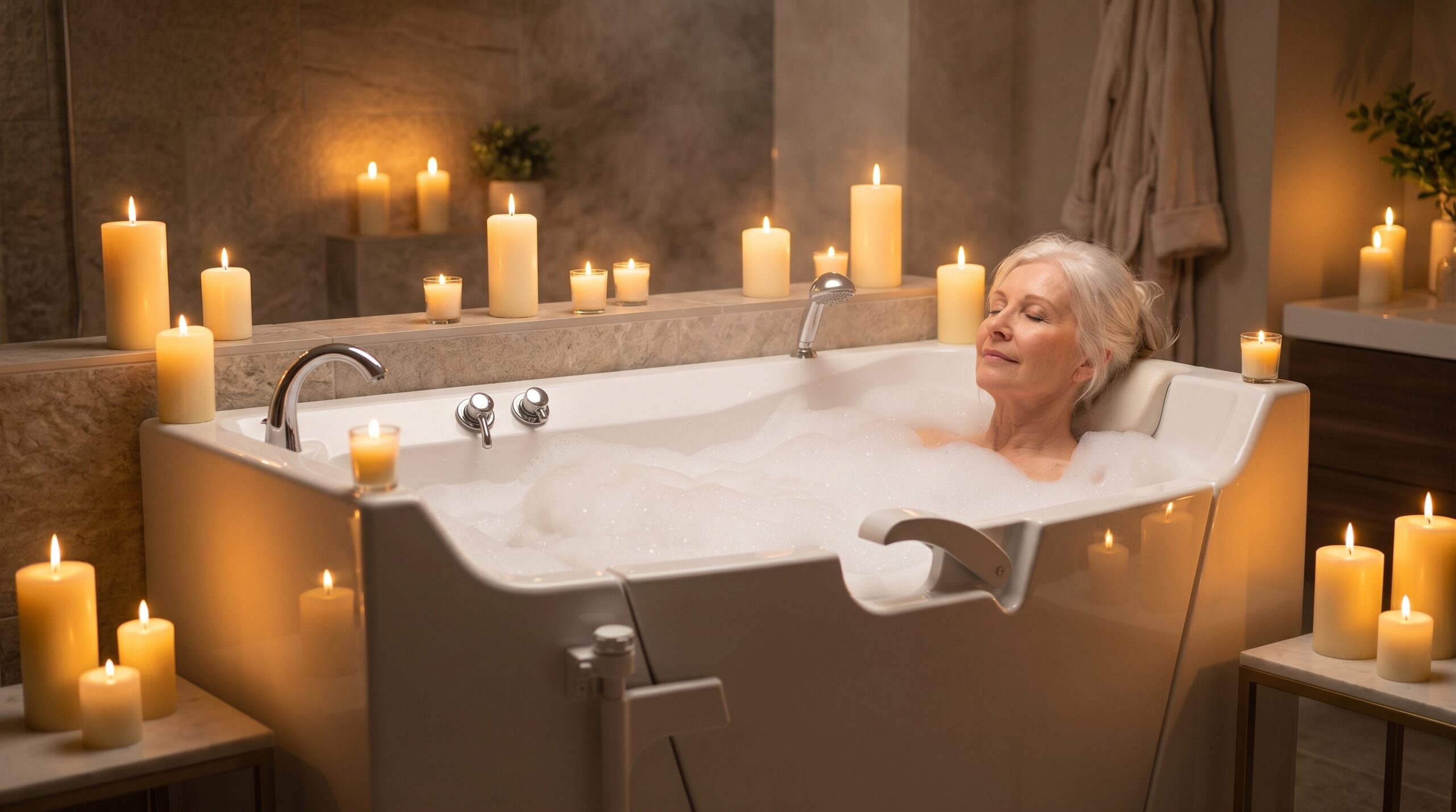 Elderly Woman in Walk-In-Tub installed by Insideout Remodeling.
