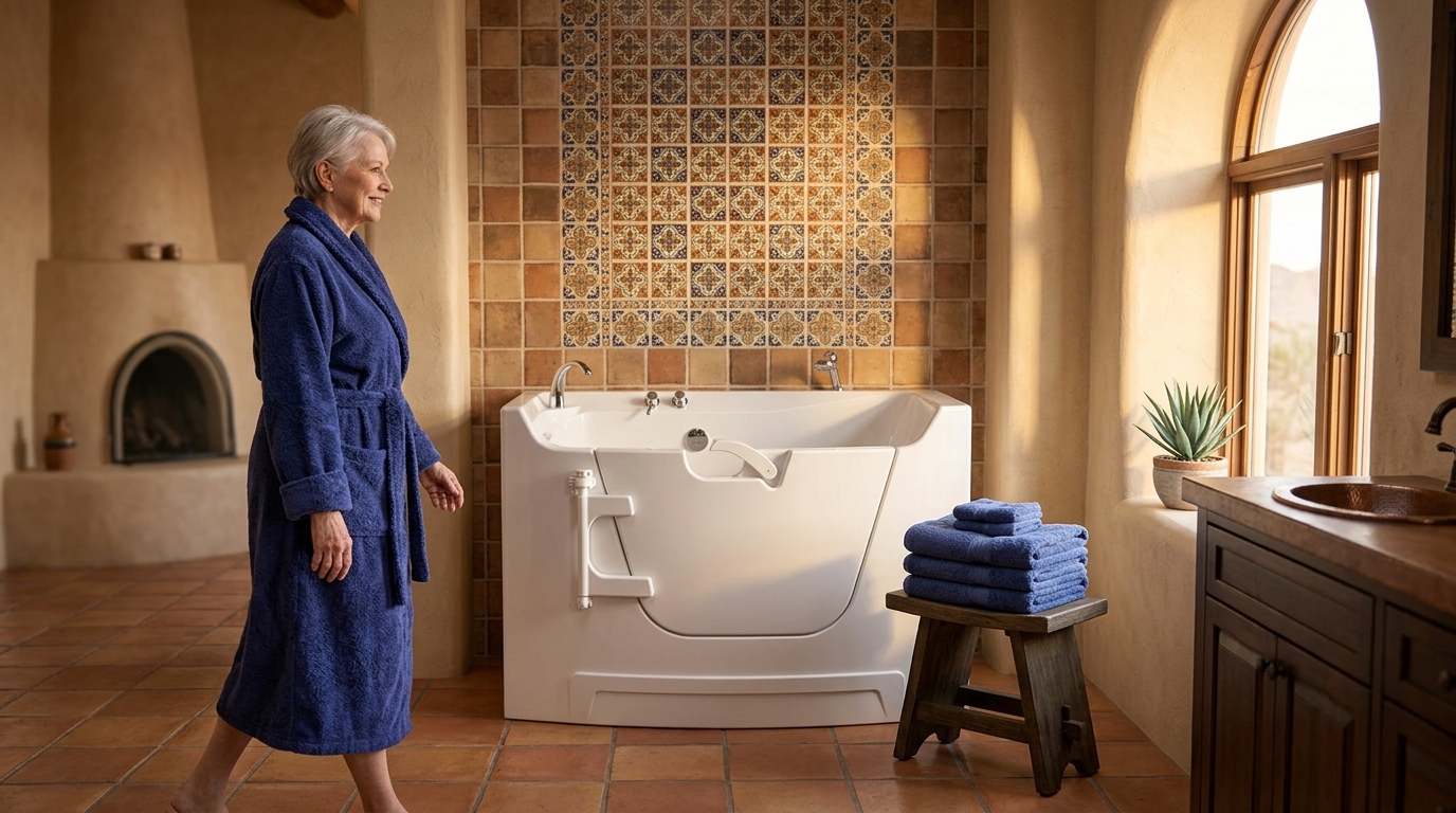 Elderly Woman next to her new Walk-in-Tub by Inside Out Remodeling