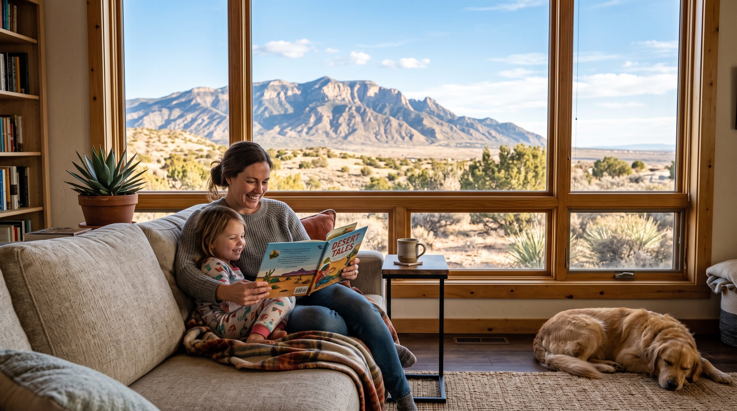 A mom and her child bundled up on the couch reading a book while enjoying their cool indoor air quality thanks to Inside Out Remodeling in Albuquerque New Mexico