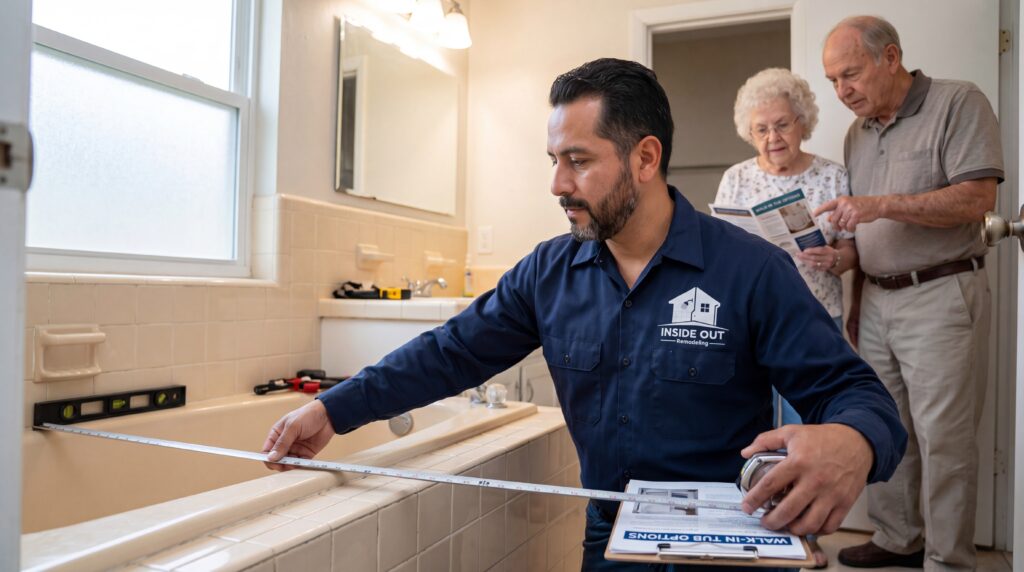 Insideout Remodeling taking measurements for a new Walk-in-Tub installation.