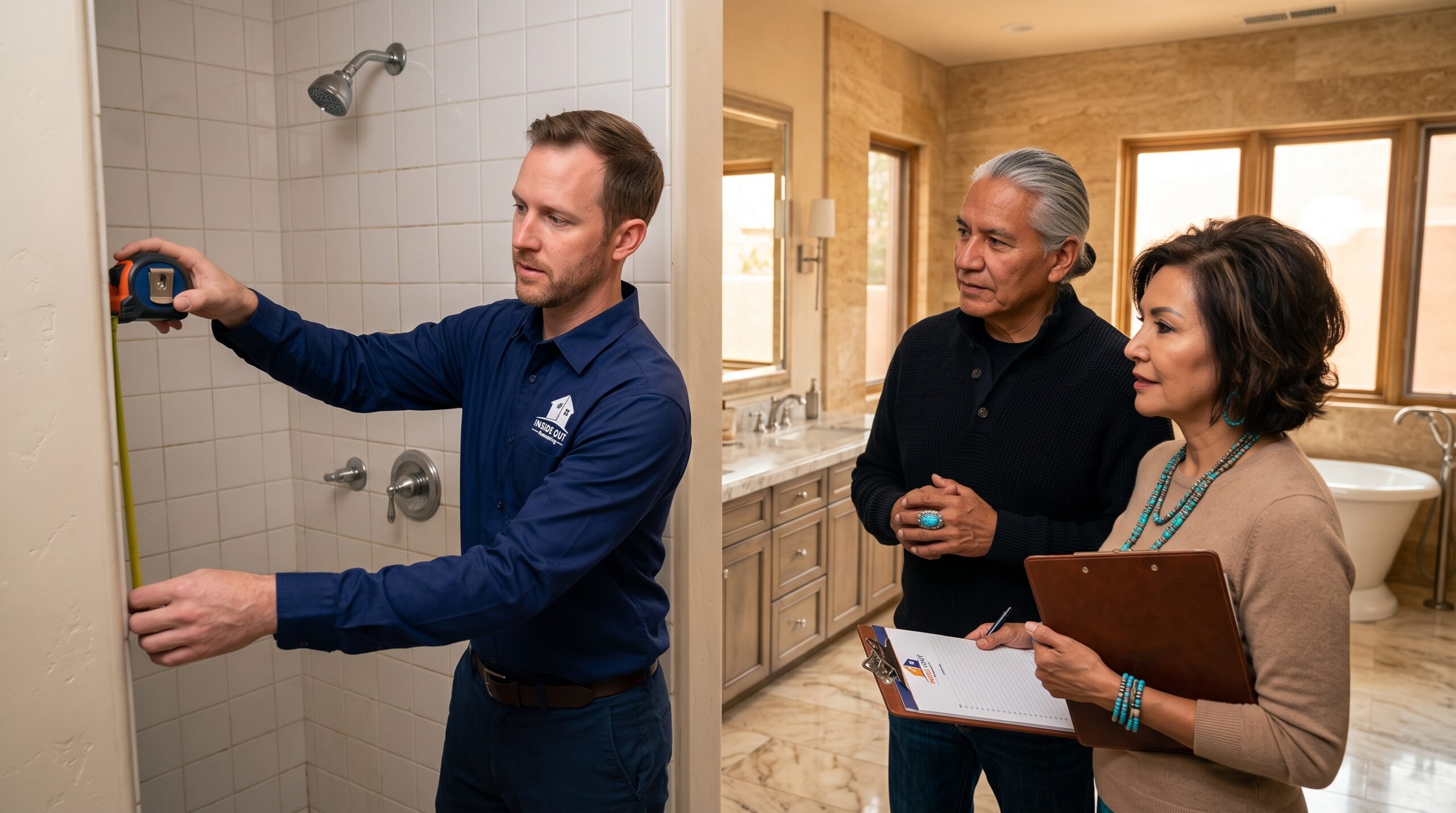 Inside Out Remodeling installer measuring the space for a total shower makeover.